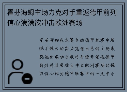 霍芬海姆主场力克对手重返德甲前列信心满满欲冲击欧洲赛场