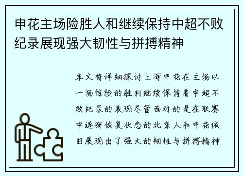 申花主场险胜人和继续保持中超不败纪录展现强大韧性与拼搏精神