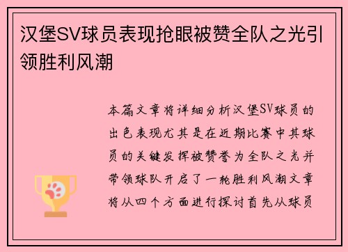 汉堡SV球员表现抢眼被赞全队之光引领胜利风潮