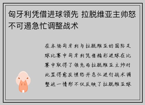 匈牙利凭借进球领先 拉脱维亚主帅怒不可遏急忙调整战术