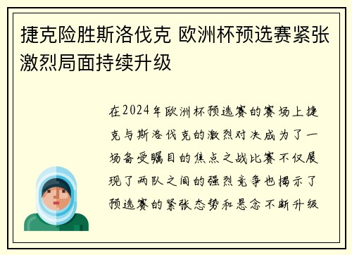 捷克险胜斯洛伐克 欧洲杯预选赛紧张激烈局面持续升级