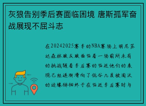 灰狼告别季后赛面临困境 唐斯孤军奋战展现不屈斗志