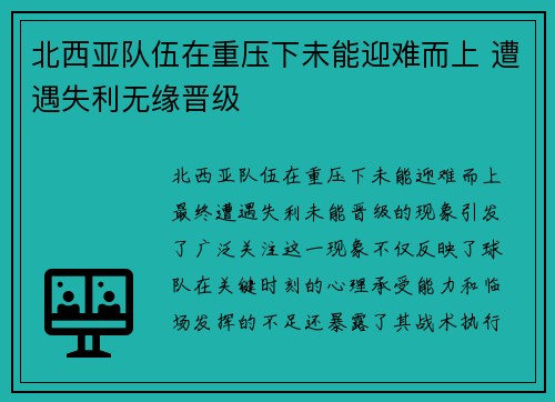 北西亚队伍在重压下未能迎难而上 遭遇失利无缘晋级