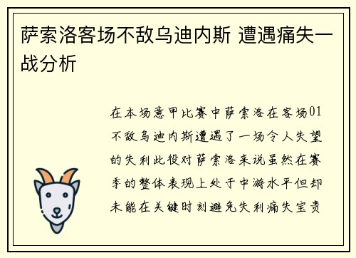 萨索洛客场不敌乌迪内斯 遭遇痛失一战分析